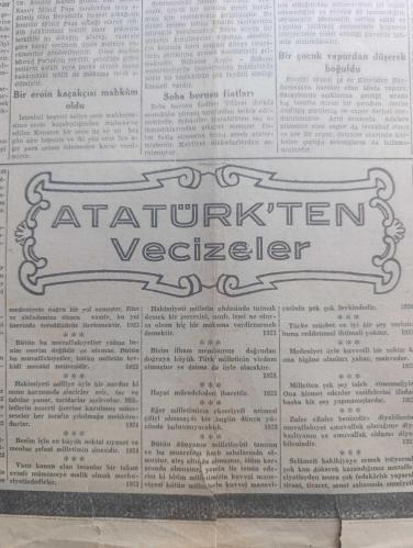 Cumhuriyet Gazetesi - Turkish Newspaper - 10 İkinciteşrin (Kasım) 1944 - büyük milletin büyük atası yazan Nadir Nadi Başmakale - büyük matem günümüz Türk milleti ebedi şefi Kahraman Atatürk'ten altı sene evvel bu sabah ayrılmıştı - Milli Şef İsmet İnönü'nün Türk milletine beyannamesi - Altıncı yıldönümünü Ulus gazetesinin bu sabahki başyazısı - 10 ikinciteşrin çizen Cemal Nadir - altı yıl evvel ölen fani Mustafa Kemal burada yatıyor Fotoğrafı - bugün bütün yurtta Atatürk'ün Aziz hatırası ihtifallerle anılacak - gençlik İstanbul'da sarayburnu'ndaki Atatürk heykeline ve Taksim abidesine çelenk koyacak - halkevlerinde ve mekteplerde yapılacak toplantılar - Atatürk'ten vecizeler - Altıncı yıldönümünde Ata kitap'tan alınacak dersler yazan İsmail Habib Sevük - Halkalı köyünde yapılan okul Dün açıldı - Kızılay yeni aç ocağı açıyor - Atatürk'ü düşünürken hayatiyetimizin büyük timsali yazan profesör M. Şekip Tunç - Amerikalı boksörlerle kimler karşılaşacak - İstanbul şilebi geldi -10 Kasım 1938