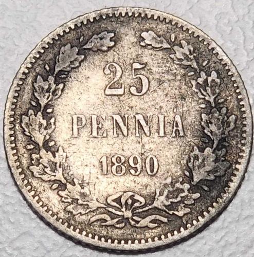 ( GÜMÜŞ ) 1890 - FİNLANDİYA - 25 Penniä  (ÇOK TEMİZ )