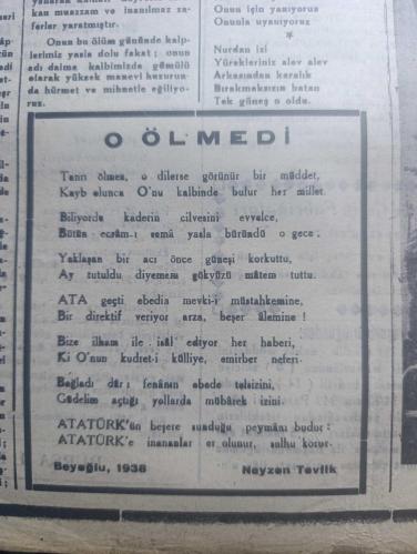 Bursa Gazetesi - Turkish Newspaper - 11 Kasım 1949 - Atatürk'ün manevi huzurunda hürmet minnet ve şükranla eğiliyoruz yazan Musa Ataş - Ebedi Şef Atatürk'ün hayata gözlerini kapayışının 11 ci yıldönümünü hazin bir törenle dün andık - Gazi Mustafa Kemal Atatürk'ün portresi - O ölmedi şiiri yazan Neyzen Tevfik  Beyoğlu 1938 - devletimizin banisi ve milletimizin fedakar ve sadık hadimi  insanlık idealinin aşık ve mümtaz siması eşsiz kahraman Atatürk vatan sana minnettardır yazan İsmet İnönü - Atatürk'ün katafalkı fotoğraf - Atatürk bir milleti kaç yılda asrileştirmek mucizesini yaratmıştır Paris Temps - Atatürk devrimizin en büyük adamlarından biridir şahsında en yüksek şövalye ve büyük adam meziyetlerini taşıyordu Belgrad başvekil Styadinoviç - Çelik mevsimi gözlerini şarkın güzel aydınlığına yummuş olan tabiatın ne kadar üstünde bir adamdı Paris Figaro - Güneş battı şiiri yazan Hasan Ali Yücel - milli şefimiz İsmet İnönü'nün beyannamesi - Atatürk ihtifalleri - 10 Kasım 1938