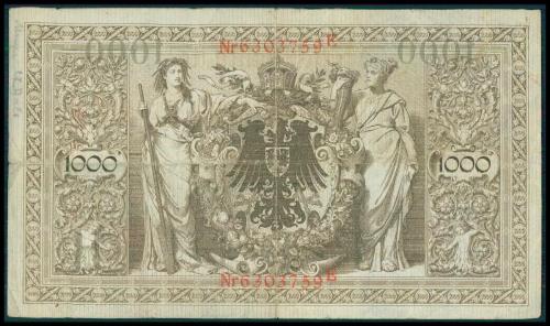 1910 Almanya 1000 Mark Kırmızı Mühürlü ÇT, World Paper Money P-44b.3 Rosenberg R-45e