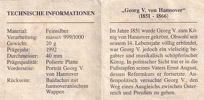 ALMANYA GEORGE V. VON HANNOVER GÜMÜŞ MADALYON - 20 GR 999 AYAR GÜMÜŞ/SERTİFİKALI/ŞEFFAF KAPSÜLDE