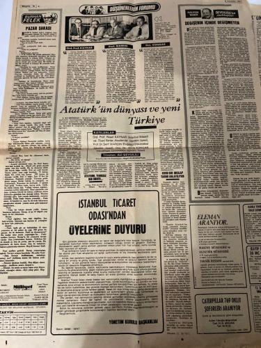 MİLLİYET GAZETESİ - DOĞUM GÜNÜ HEDİYESİ (TURKISH NEWSPAPPER) - 6 KASIM 1977 - SADECE DÖRT SAYFADIR -Bülent Ecevit-Yalçıntaş-Yahya Demirel-Ahmet İsvan-Ahmet Taner Kışlalı-Haldun Taner-Burhan Felek-Reşat Kaynar-Şerif Mardin-Ertuğrul Kongar-Sadi Er-Ratip Tahir Burak-Ali Rıza Ertuğrul-Fikri Şendokan-Hatice Halide Bereket-Sabiha Anter-Fahri Seyhan-Hidayet Gülen-Nurcan Eczan-Münik Koçak-Halil Eralp-Necip Fazıl-Abdi İpekçi-Nasır-Mustafa Kemal Atatürk-MHP’li Sağlık Bakanı’nın yeğeni öldürüldü-Döviz alamayan hacı adayları Ecevit’e başvurdu-Başkanlık için parti yöneticileri toplandı-5 AP’li Demirel’den hükümet sorunu için bilgi istedi-Herkesin derdi başka-Kadınların derdi pahalılık-Sinemacıların derdi sansür-Sinema Emekçileri’nin Ankara yürüyüşü Taksim’den başladı-Atatürk’ün dünyası ve yeni Türkiye-Değişim içinde değişmeye-Eleman aranıyor-İstanbul Ticaret Odası’ndan üyelerine duyuru-Başyazı-Döviz alamayan-24 hacı adayın-Yalçıntaş’ın atama kararı yayımlandı-5 AP’li-Tekel Genel Müdürlüğü, tuz tahs