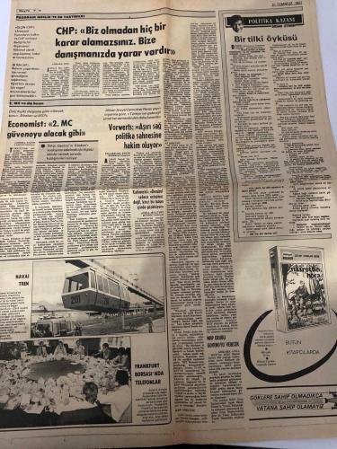 MİLLİYET GAZETESİ - DOĞUM GÜNÜ HEDİYESİ (TURKISH NEWSPAPPER) - 31 TEMMUZ 1977 - SADECE DÖRT SAYFADIR -Alparslan Türkeş-Orhan Alp-Vural Savaş-Haldun Taner-Burhan Felek-Osan Öymen-Yılmaz Dağdeviren-Cavit Ernahat-Mütekim Odabaşı-Ali Naci Karacan-Ertem-Kosoğlu-Ölçen-Demirel-Erbakan-Ecevit-Ahmet-Ama-Nuri-Eczacı Bey-Nasrettin Hoca-Türkeş CHP’ye ve herkese barış çağrımız sürecektir-Program Meclis’te tartışıldı-CHP Biz olmadan hiç bir karar alamazsınız-Eğer bize danışırsanız yarar görürsünüz-Orhan Alp Bu hükümet kısa zamanda yıkılacaktır-Tek Gıda-İş genel grev yasa dışıdır ama son çare olarak uygulanabilir-Üç öğrenciye ateş edildi biri öldü biri yaralandı-Otomobilin çarptığı ana-oğul öldü-Ya üçüncü belge ne oldu-Sebze ve meyvelerin fiyatları semtlere göre değişiyor-Ankara’da Koyunpazarında çıkan yangında 8 dükkan tamamen yandı-Düşünenlerin düşünceleri-AET nereye gidiyor Türkiye ne yapmalı-Devlət ve sanatçı-Politika kazanı-Bir tilki öyküsü-Economist 2. MC güvenoyu alacak gibi-Vorwarts Aşırı sağ