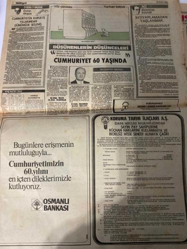 MİLLİYET GAZETESİ - DOĞUM GÜNÜ HEDİYESİ (TURKISH NEWSPAPPER) - 29 EKİM 1983 - SADECE DÖRT SAYFADIR -Özer Yelce-Numan Ceyhan-Sofya-Çelenk-Mehmet Barlas-Vehbi Koç-Aydın Candabak-İhsan Doğramacı-Öztin Akgüç-Turhan Selçuk-Muzaffer Erendil-Acı Mumtaz Soysal-Sunalp-Calp-İlyas Seçkin-Erol Köse-Ekrem Bulgun-Asaf Savaş Akat-Aytekin Kotil-İsmail Cem-Turgut Özal-Turgut Sunalp-Günseli Özkaya-Necdet Calp-Prof. Memduh Yaşa-Necip Şan-Arzu Tramvayı-Tennessee Williams-Ferhan Şensoy-Bülent Salih Avşar-Güney Fikret Hakan-Yeni parti solda fırtına yarattı-Eserin 60 yaşında-Cumhuriyet Bayramı’nı kutluyoruz-Grenada’da bir Türk öğrenci var-Ulusu Ülkede huzur güven tam sağlandı-Koç Ekonomi koalisyondan büyük zarar gördü-27 üniversiteden 9’u ek sınav hakkını kabul etti-Özal NATO’ya katkımız yük getiriyor-Cumhuriyetin kuruluş yıllarından günümüze sesleniş-Cumhuriyet 60 yaşında-İhtiyarlamadan yaşlanmak-Yeni siyasî parti fırtına yarattı-Calp Çirkin oyunlar tutmayacak-Liderlerin ikinci tur TV gösterisi yarın başlıy