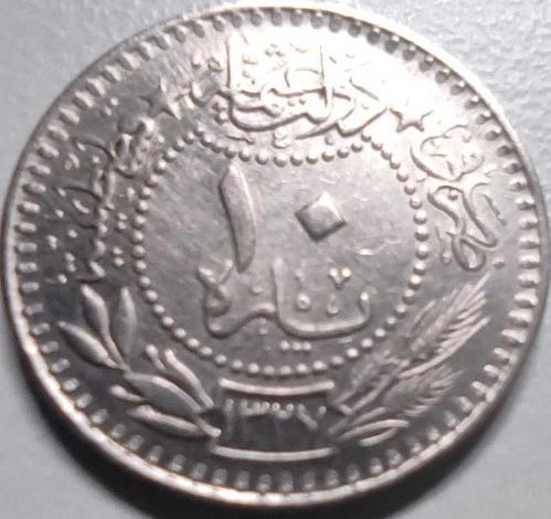Osmanlı İmparatorluğu 1327/4 - 10 Para - Çil - V. Mehmet Reşad 4. Cülüs Nikel Para, Kapamasında