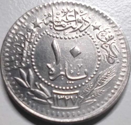 Osmanlı İmparatorluğu 1327/3 - 10 Para - Çil - V. Mehmet Reşad 3. Cülüs Nikel Para, Kapamasında
