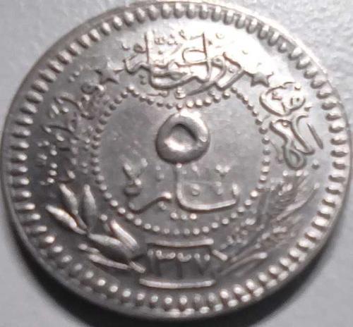 Osmanlı İmparatorluğu 1327/6 - 5 Para - Çil - V. Mehmet Reşad 6. Cülüs Nikel Para, Kapamasında