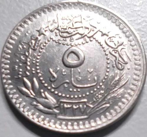 Osmanlı İmparatorluğu 1327/5 - 5 Para - Çil -  Sultan Reşad 5. Cülüs Nikel Para, Kapamasında