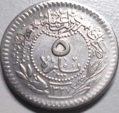 Osmanlı İmparatorluğu 1327/4 - 5 Para - Çil - V. Mehmet Reşad 4. Cülüs Nikel Para, Kapamasında