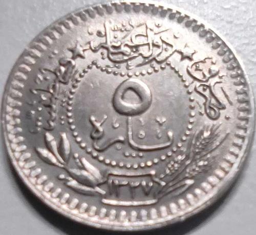 Osmanlı İmparatorluğu 1327/4 - 5 Para - Çil - V. Mehmet Reşad 4. Cülüs Nikel Para, Kapamasında