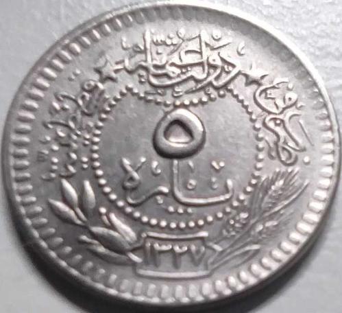 Osmanlı İmparatorluğu 1327/3 - 5 Para - Çil - V. Mehmet Reşad 3. Cülüs Nikel Para, Kapamasında