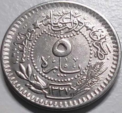 Osmanlı İmparatorluğu 1327/2 - 5 Para - Çil - V. Mehmet Reşad 2. Cülüs Nikel Para, Nadirlik 