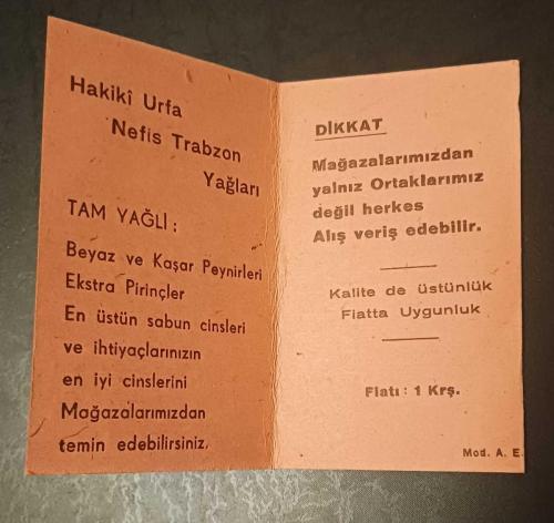İstanbul Memurlar İstihlak Kooperatifi Kadıköy - Vapur Saatleri Cep Tarifesi ve Reklamı (1 Krş) ; Kadıköylülerin temiz ve ucuz mal almaları....