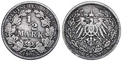 ALMANYA 1906 YILI ½ MARK GÜMÜŞ ÇÇT - 2.7 GR.