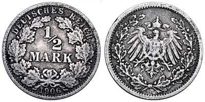 ALMANYA 1906 YILI ½ MARK GÜMÜŞ ÇÇT - 2.7 GR.