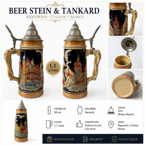 Vintage Alsace Beer Stein & Tankard – Zinn Kapaklı Seramik Bira Kupası – 1,1 Lt – Colmar & Riquewihr