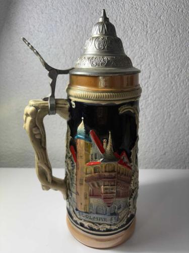 Vintage Alsace Beer Stein & Tankard – Zinn Kapaklı Seramik Bira Kupası – 1,1 Lt – Colmar & Riquewihr