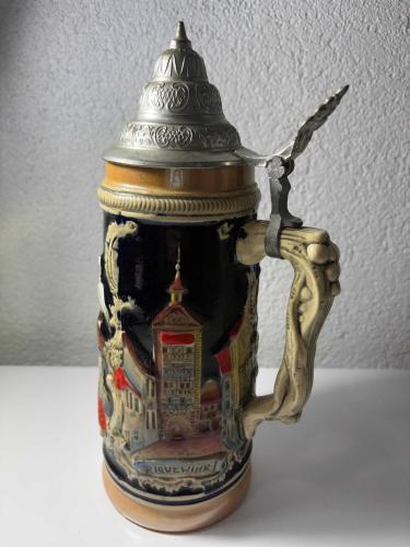 Vintage Alsace Beer Stein & Tankard – Zinn Kapaklı Seramik Bira Kupası – 1,1 Lt – Colmar & Riquewihr