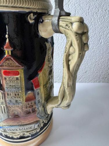 Vintage Alsace Beer Stein & Tankard – Zinn Kapaklı Seramik Bira Kupası – 1,1 Lt – Colmar & Riquewihr