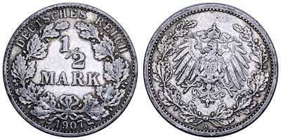 ALMANYA 1907 YILI ½ MARK GÜMÜŞ ÇİLALTI - 2.8 GR.