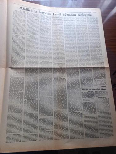 Vatan Gazetesi - Turkish Newspaper - 10 Kasım 1945 - kubbede kalan hoş bir sada yazan Ahmet Emin Yalman Başmakale - en büyük acımız en büyük yas günümüz Atatürk'ü yedi yıl evvel bugün kaybetmiştik - Atatürk'ün karakalem portresi - İsmet İnönü'nün beyannamesi bütün ömrünü hizmetine verdiğin Türk milleti ile beraber senin huzurunda tazimle eğiliyoruz - bugün Ebedi Şef Atatürk'ün ölümünün yedinci yıldönümüdür - Halkevleri halk odaları bunların olmadığı yerlerde Parti merkezlerinde yapılacak ihtifale Atatürk'ün bugün saat 9.05'te öldüğünü bildiren kısa bir hitabe ile başlanacak - okullarda ve üniversitede Atatürk için ihtifaller yapılacaktır - radyo gazetesi Atatürk hakkında konuşacak beyannameyi okuduktan sonra hitabeyi yayacaktır - Atatürk'ün hayatının hikayesini kendi ağzından dinleyiniz - Atatürk'e ait hatıralar yazan Server Ziya Meramlı - Yüce Atatürk yazan Hüsamettin ülsel - büyük Atatürk çok sevdiği bir deniz gezintisinde Fotoğrafı - Atatürk moda deniz kulübünde - 10 Kasım 1938