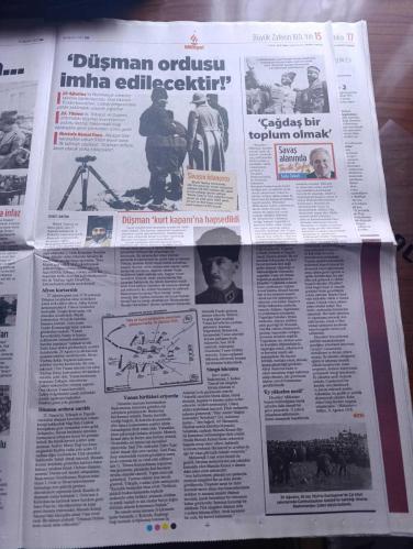 Milliyet Gazetesi - Turkish Newspaper - 30 Ağustos 2022 - 100 yıldır aynı ruh 30 Ağustos zafere bayramı kutlu olsun - Nazım Hikmet Kuvayi milliye destanı - görülmedik strateji Atatürk'ün çizimi ile Büyük taarruz - 30 Ağustos zaferini Atatürk'ten dinleyen dönemin ABD büyükelçisi Mustafa Kemal'in taktiğinin bütün askeri kavramları yıktığını kaydetti - 1932-1933 yıllarında ABD'nin Ankara büyükelçisi Charles H. Sherrill Atatürk'le yaptığı görüşmeleri Mustafa Kemal insan eseri ülkesi adlı kitapta topladı - Cumhurbaşkanı Recep Tayyip Erdoğan 30 Ağustos mesajında 30 Ağustos esaret ve hürriyet arasında bir tercihe zorlandığında Türk milletinin neleri başarabileceğinin ispatı olmuştur - CHP lideri Kemal Kılıçdaroğlu 30 Ağustos bir dehanın askeri zaferi olmasının da ötesinde milletimizin hürriyete büyük Önder Mustafa Kemal Atatürk'ün de millet egemenliğine bağlılığının en büyük nişanesidir - MHP lideri Devlet Bahçeli 30 Ağustos'ta Yunan hükümetini uyardı - 100. Yılda sanat - 30 Ağustos 1922