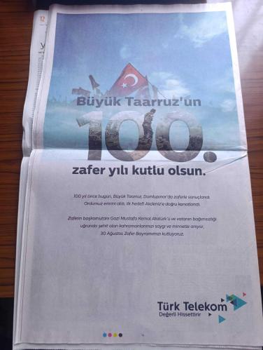 Milliyet Gazetesi - Turkish Newspaper - 30 Ağustos 2022 - 100 yıldır aynı ruh 30 Ağustos zafere bayramı kutlu olsun - Nazım Hikmet Kuvayi milliye destanı - görülmedik strateji Atatürk'ün çizimi ile Büyük taarruz - 30 Ağustos zaferini Atatürk'ten dinleyen dönemin ABD büyükelçisi Mustafa Kemal'in taktiğinin bütün askeri kavramları yıktığını kaydetti - 1932-1933 yıllarında ABD'nin Ankara büyükelçisi Charles H. Sherrill Atatürk'le yaptığı görüşmeleri Mustafa Kemal insan eseri ülkesi adlı kitapta topladı - Cumhurbaşkanı Recep Tayyip Erdoğan 30 Ağustos mesajında 30 Ağustos esaret ve hürriyet arasında bir tercihe zorlandığında Türk milletinin neleri başarabileceğinin ispatı olmuştur - CHP lideri Kemal Kılıçdaroğlu 30 Ağustos bir dehanın askeri zaferi olmasının da ötesinde milletimizin hürriyete büyük Önder Mustafa Kemal Atatürk'ün de millet egemenliğine bağlılığının en büyük nişanesidir - MHP lideri Devlet Bahçeli 30 Ağustos'ta Yunan hükümetini uyardı - 100. Yılda sanat - 30 Ağustos 1922