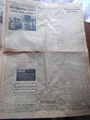 Yeni Sabah Gazetesi - Turkish Newspaper - 30 Ağustos 1950 - 30 Ağustos Zafer Bayramı bütün yurtta kutlanıyor - Türk milletinin varlık ve kudretini bütün dünyaya bir daha tanıtan 30 Ağustos zaferinin bugün 28 inci yıldönümüdür - 30 Ağustos Mehmetçik ve Türk bayrağı resim - Kurtuluş harbi tarihinin şerefli yıldönümü 30 Ağustos zaferi nasıl elde edildi yazan Selahattin Berk - Atatürk Kurtuluş harbi sırasında Fotoğrafı - Sevkülceysi müdafanın kurulması - Büyük taarruz ve büyük Zafer - büyük Zafer ve son Emir - 30 Ağustos Zafer Bayramı parlak tören ve büyük resmi geçitlerle kutlanacaktır - 30 Ağustos Zafer Bayramı töreninden önce saat 9.00'da orduevinde ve saat 9.30'da vilayette protokole göre kabul resmi yapılacak saat 9.45'te törene katılacak askeri birlikler Taksim meydanı yerlerini almış olacaklardır - 30 Ağustos Zafer Bayramı sebebiyle selimiye'den 21 pare top atılacaktır - fotojenik kadın müsabakası 10 eylül tarihinde yapılıyor - Başbakan Adnan Menderes'in konuşması - 30 Ağustos 1922