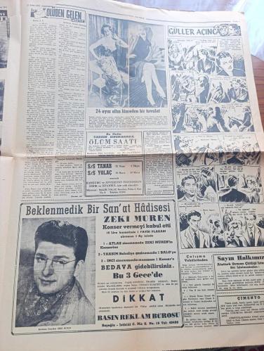 Yeni Sabah Gazetesi - Turkish Newspaper - 23 Nisan 1954 - hakimiyet-i milliye ve çocuk Bayramı - 23 Nisan dolayısıyla bugün memleketin her tarafında törenler ve şenlikler yapılacak - 23 Nisan Bayram tatili resmen Dün öğleden sonra başlamış okullar ve resmi daireler tatil olunmuştur - 23 Nisan dolayısıyla Çatalca ilçesi yavru kurtlarının 2 yıllık çalışmalarına halka göstermek için ilçe merkezinde 24 Nisan günü büyük bir tören yapılacaktır - Milli hakimiyet ve çocuk bayramı münasebeti ile çocuk esirgeme kurumu başkanı adliye vekili Osman Şevki Çiçekdağ Türk çocuklara hitaben bir mesaj neşretmiştir - Refik Koraltan'ın damadı Haluk Timurtaş Demokrat Parti sayesinde dinimize kavuştuk dedi - İsmet İnönü Kayseri'de kendisini tehdit edenlere şu cevabı verdi İsmet İnönü'nün ölüsü dirisinden kuvvetlidir - Allahu ekber Tanrı uludur partileri - başvekil Adnan Menderes seçim için tanrıya niyaz etti - Osman Bölükbaşı Demokrat Parti çeşme ve köprü yapmak için kurulmadı dedi -Zeki Müren- 23 Nisan 1920