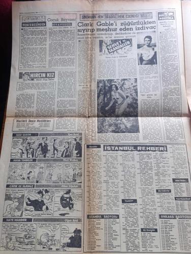 Yeni Sabah Gazetesi - Turkish Newspaper - 23 Nisan 1960 - 23 Nisan Atatürk ve Türk bayrağı resim - bugün milli hakimiyet ve çocuk bayramı kutluyoruz - 23 Nisan dolayısıyla saat 10 da Taksim  Barbaros meydanları ile Vefa Fenerbahçe stadlarında merasim yapılacak - 23 Nisan dolayısıyla vilayet belediye siyasi partiler çocuk esirgeme kurumu ilkokul yoksul çocuklara yardım cemiyeti Kızılay Türk Hava kurumu temsilcileri ile yavrukurt ve ilkokul son sınıf öğrencilerinin katılacakları merasimlere sabah saat 10 da başlanacaktır - Ankara'da çocuk bayramının programı - Ankara orduevinde ve hariciye köşkünde birer çocuk balosu verilecek ve Anıtkabir bugüne mahsus olmak üzere saat 17.00'den sonra da ziyaretlere açılacak - sinema aşk kurbanı - Galatasaray Karşıyaka maçı - Fenerbahçe Ankaragücü maçı - Fikret Kırcan yeni bir Fenerbahçe yapacağız - Galata köprüsü dün de açılamadı - başvekil Adnan Menderes Amerikan büyükelçisi ile uzun bir görüşme yaptı - 23 Nisan 1920