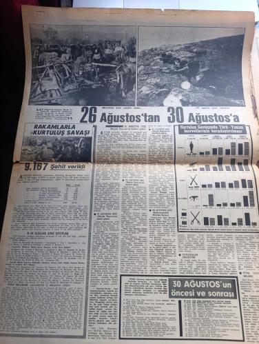 Hürriyet Zafer Bayramı 50. Yıl Gazetesi - Turkish Newspaper - 30 Ağustos 1972 - 30 Ağustos Zafer Bayramı Kutlu Olsun resim - Bugün sadece Dumlupınar zaferi'nin 50. Yıldönümü değil aynı zamanda genç ve son Türk devletinin kuruluşunun da 50. Yıldönümüdür - 26 ağustos'tan 30 ağustos'a milletçe böyle seferber olduk ve cephede böyle vuruştuk fotoğraf - rakamlarla Kurtuluş savaşı - Kurtuluş Savaşı'nda Türk Yunan kuvvetlerinin karşılaştırılması - Kurtuluş Savaşı'nın gizli örgütü Milli Müdafaa Grubu yazan Selahattin Salışık - evin kapısından adımını atmaya hazırlanan gölgenin beline bir tabanca gömüldü parola 333 resim - Mustafa Kemal Paşa'nın emri böyle Anadolu'ya silah ve insan kaçıracağız - İstanbul'un bütün kabadayıları topkapılı cambaz Mehmet'in emrinde milli müdafaa grubu olarak toplanmıştı - Yunan orduları başkomutanı Trikopis'in günlüğünden notlar - 30 ağustos'u gerçekleştiren Atatürk'ün kumandan ordusu Fotoğraflar - İstanbul basınında büyük taarruz - 30 Ağustos 1922