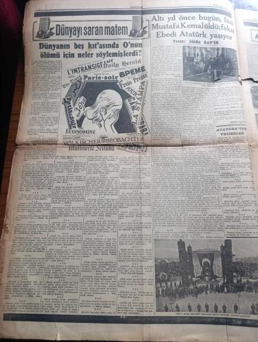 Cumhuriyet Gazetesi - Turkish Newspaper - 10 İkinciteşrin (Kasım) 1944 - büyük milletin büyük atası yazan Nadir Nadi Başmakale - büyük matem günümüz Türk milleti ebedi şefi Kahraman Atatürk'ten altı sene evvel bu sabah ayrılmıştı - Milli Şef İsmet İnönü'nün Türk milletine beyannamesi - Altıncı yıldönümünü Ulus gazetesinin bu sabahki başyazısı - 10 ikinciteşrin çizen Cemal Nadir - altı yıl evvel ölen fani Mustafa Kemal burada yatıyor Fotoğrafı - bugün bütün yurtta Atatürk'ün Aziz hatırası ihtifallerle anılacak - gençlik İstanbul'da sarayburnu'ndaki Atatürk heykeline ve Taksim abidesine çelenk koyacak - halkevlerinde ve mekteplerde yapılacak toplantılar - Atatürk'ten vecizeler - Altıncı yıldönümünde Ata kitap'tan alınacak dersler yazan İsmail Habib Sevük - Halkalı köyünde yapılan okul Dün açıldı - Kızılay yeni aç ocağı açıyor - Atatürk'ü düşünürken hayatiyetimizin büyük timsali yazan profesör M. Şekip Tunç - Amerikalı boksörlerle kimler karşılaşacak - İstanbul şilebi geldi -10 Kasım 1938