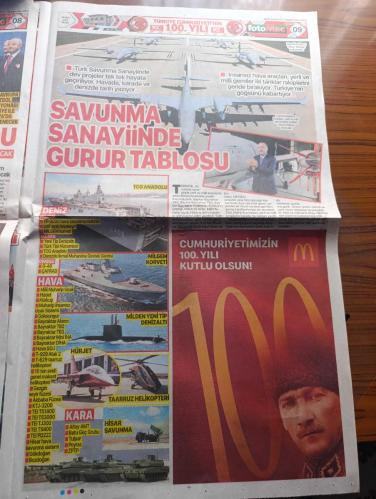 Fotomaç Gazetesi - Turkish Newspaper - 29 Ekim 2023 - Cumhuriyetimizin 100. Yılı kutlu olsun - istiklal'den istikbal'e Mustafa Kemal Atatürk ve Recep Tayyip Erdoğan gençlerle fotoğraf - 29 Ekim 1923 sabahı - 29 Ekim Cumhuriyet Bayramı anlamı ve önemi nedir - 28 Ekim'de Çankaya köşkü'ndeki Akşam yemeğinde İsmet Paşa Fethi Bey Kazım Paşa Kemalettin Sami Paşa Rize mebusu Fuat ve Afyon mebusu Ruşen Eşref bey'i misafir olarak ağlayan Mustafa Kemal Paşa misafirlere Yarın Cumhuriyeti ilan edeceğiz dedi - devrim otomobilinden devrin otomobilinde milli otomobil TOGG üretildi yollara çıktı fotoğraf - Cumhuriyetin 100. Kuruluş yıldönümünde kucaklaşma çağrısı yapan Başkan Recep Tayyip Erdoğan 85 milyon olarak kucaklaşalım dedi Fotoğrafı - MNG şirketler Grubu Türkiye Cumhuriyeti 100 yaşında - hayaller gerçek oldu tüm dünya futbol ülkesi Türkiye'yi konuşacak - savunma sanayinde gurur tablosu - Trabzonspor 100 yıl önce mavi gözlerde bir fikirdi şimdi bordo yüreklerde bir coşku Cumhuriyet-29 Ekim 1923