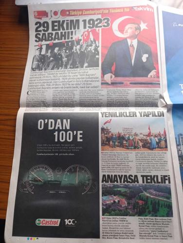 Takvim Cumhuriyet 100. Yıl Gazetesi - Turkish Newspaper - 29 Ekim 2023 - Türkiye Cumhuriyeti'nin Yüzüncü Yılı - 29 Ekim 1923'te kurulduk kendi otomobilimizle yollara koyulduk köprüler kurduk uçaklarımızı uçurduk biz seninle çok gurur duyduk İyi Ki Doğdun Türkiye - 100 yıla yakışan projeler - cumhuriyetin bir asırlık yürüyüşü iş dünyası tarafından bu döneme özel birçok etkinlikle kutlanıyor - Şişecam 100 yıllık Cumhuriyetin kuruluş felsefesinin ve gelişiminin izlerini cam eserleri yansıttığı gururla koleksiyonunu tanıttı - Teknosa Atatürk'ün sözlerini kendi sesinden yapay zekayı kullanarak seslendirdi - Cumhuriyetin 100. Yılında İstanbul boğazında dolanma tarihindeki en büyük geçit töreni yapılacak - Bugün İstanbul boğazı'nda özel havai fişek gösterileri de yapılacak - Cumhurbaşkanı Recep Tayyip Erdoğan 85 milyon olarak kucaklaşalım dedi Fotoğrafı - TGC Anadolu  - ulaşımda çağ atladık - uzaya gidecek Türk Alper Gezeravcı - devrim otomobilinden devrin otomobiline TOGG - 29 Ekim 1923