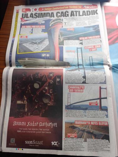 Takvim Cumhuriyet 100. Yıl Gazetesi - Turkish Newspaper - 29 Ekim 2023 - Türkiye Cumhuriyeti'nin Yüzüncü Yılı - 29 Ekim 1923'te kurulduk kendi otomobilimizle yollara koyulduk köprüler kurduk uçaklarımızı uçurduk biz seninle çok gurur duyduk İyi Ki Doğdun Türkiye - 100 yıla yakışan projeler - cumhuriyetin bir asırlık yürüyüşü iş dünyası tarafından bu döneme özel birçok etkinlikle kutlanıyor - Şişecam 100 yıllık Cumhuriyetin kuruluş felsefesinin ve gelişiminin izlerini cam eserleri yansıttığı gururla koleksiyonunu tanıttı - Teknosa Atatürk'ün sözlerini kendi sesinden yapay zekayı kullanarak seslendirdi - Cumhuriyetin 100. Yılında İstanbul boğazında dolanma tarihindeki en büyük geçit töreni yapılacak - Bugün İstanbul boğazı'nda özel havai fişek gösterileri de yapılacak - Cumhurbaşkanı Recep Tayyip Erdoğan 85 milyon olarak kucaklaşalım dedi Fotoğrafı - TGC Anadolu  - ulaşımda çağ atladık - uzaya gidecek Türk Alper Gezeravcı - devrim otomobilinden devrin otomobiline TOGG - 29 Ekim 1923