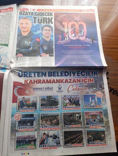 Takvim Cumhuriyet 100. Yıl Gazetesi - Turkish Newspaper - 29 Ekim 2023 - Türkiye Cumhuriyeti'nin Yüzüncü Yılı - 29 Ekim 1923'te kurulduk kendi otomobilimizle yollara koyulduk köprüler kurduk uçaklarımızı uçurduk biz seninle çok gurur duyduk İyi Ki Doğdun Türkiye - 100 yıla yakışan projeler - cumhuriyetin bir asırlık yürüyüşü iş dünyası tarafından bu döneme özel birçok etkinlikle kutlanıyor - Şişecam 100 yıllık Cumhuriyetin kuruluş felsefesinin ve gelişiminin izlerini cam eserleri yansıttığı gururla koleksiyonunu tanıttı - Teknosa Atatürk'ün sözlerini kendi sesinden yapay zekayı kullanarak seslendirdi - Cumhuriyetin 100. Yılında İstanbul boğazında dolanma tarihindeki en büyük geçit töreni yapılacak - Bugün İstanbul boğazı'nda özel havai fişek gösterileri de yapılacak - Cumhurbaşkanı Recep Tayyip Erdoğan 85 milyon olarak kucaklaşalım dedi Fotoğrafı - TGC Anadolu  - ulaşımda çağ atladık - uzaya gidecek Türk Alper Gezeravcı - devrim otomobilinden devrin otomobiline TOGG - 29 Ekim 1923