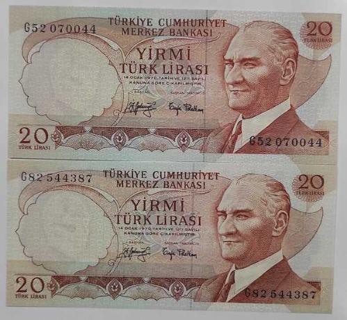 6 EMİSYON 20 LİRA SERİ G  KALIN İMZA - İNCE İMZA  ÇİL