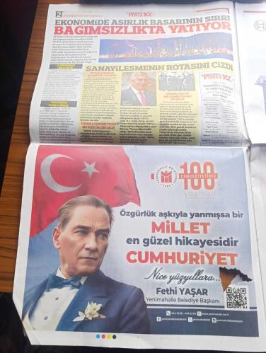 Posta Gazetesi - Turkish Newspaper - 29 Ekim 2023 - 29 Ekim Cumhuriyet Bayramı kutlu olsun - 100. Yıl Cumhuriyet ışığı yolumuzu aydınlatıyor - 100 yıl sonra Cumhuriyet yazan Oral Çalışlar - nesiller boyu Cumhuriyet yazan Güney Öztürk - Cumhuriyete çok şey borçluyuz yazan Hakan Çelik - ekonomide asırlık başarının sırrı bağımsızlıkla yatıyor - 100 üncü yılda 365 milyar dolarlık ihracat - Şenpiliç Cumhuriyet Bayramı kutlama mesajı - Devrimden devrin otomobiline TOGG Fotoğrafı - Shell 100 yıldır gururla Türkiye'nin yanında - Gazi Mustafa Kemal'in milli mücadele için 16 Mayıs 1919'da harekete geçtiği Karaköy Galata rıhtımında Beyoğlu belediyesi tarafından ilk adım anıtı dikildi Fotoğrafı - kocatepe'deki unutulmaz Atatürk fotoğrafını deneyimli bir stüdyo fotoğrafçısı olan Jean Weinberg çekti Fotoğrafı - Damat Tween cumhuriyetimizin 100. Yılı kutlu olsun tam sayfa Atatürk fotoğraflı - Ediz Hun görmüyor musun her yanda Hürriyet Fotoğrafı - Hülya Koçyiğit bayram mesajı - 29 Ekim 2023