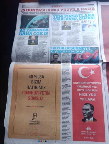 Posta Gazetesi - Turkish Newspaper - 29 Ekim 2023 - 29 Ekim Cumhuriyet Bayramı kutlu olsun - 100. Yıl Cumhuriyet ışığı yolumuzu aydınlatıyor - 100 yıl sonra Cumhuriyet yazan Oral Çalışlar - nesiller boyu Cumhuriyet yazan Güney Öztürk - Cumhuriyete çok şey borçluyuz yazan Hakan Çelik - ekonomide asırlık başarının sırrı bağımsızlıkla yatıyor - 100 üncü yılda 365 milyar dolarlık ihracat - Şenpiliç Cumhuriyet Bayramı kutlama mesajı - Devrimden devrin otomobiline TOGG Fotoğrafı - Shell 100 yıldır gururla Türkiye'nin yanında - Gazi Mustafa Kemal'in milli mücadele için 16 Mayıs 1919'da harekete geçtiği Karaköy Galata rıhtımında Beyoğlu belediyesi tarafından ilk adım anıtı dikildi Fotoğrafı - kocatepe'deki unutulmaz Atatürk fotoğrafını deneyimli bir stüdyo fotoğrafçısı olan Jean Weinberg çekti Fotoğrafı - Damat Tween cumhuriyetimizin 100. Yılı kutlu olsun tam sayfa Atatürk fotoğraflı - Ediz Hun görmüyor musun her yanda Hürriyet Fotoğrafı - Hülya Koçyiğit bayram mesajı - 29 Ekim 2023
