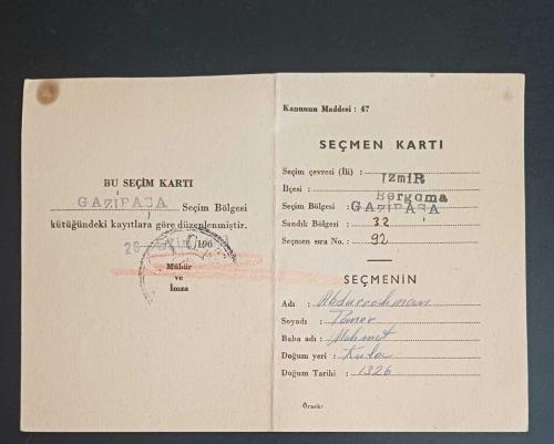 1963 İzmir Bergama Gazipaşa Mahallesi Seçmen Kartı - 27 Mayıs Sonrası İlk Yerel Seçim, Cumhuriyet Senatolu Dönem Efemerası