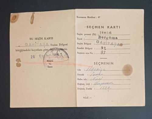 1963 İzmir Bergama Gazipaşa Mahallesi Seçmen Kartı - 27 Mayıs Sonrası İlk Yerel Seçim, Cumhuriyet Senatolu Dönem Efemerası