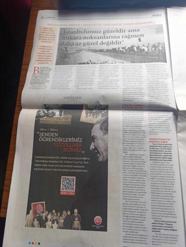 Oksijen Gazetesi - Turkish Newspaper - 27 Ekim 2023 - Atatürk 200 yıl da geçse bitmez İlber Ortaylı röportajı - Cumhuriyet en zoru başardı yazan Zülfü Livaneli - en kritik 10 yıl ve muhalefet yazan Christine Philliou - İş Bankası'nın asırlık öyküsü yazan Baran Can Sayın - 364 numaralı kuruluş belgesi - Milli mücadele gazetelerinde Cumhuriyet coşkusu fotoğraflar - İstanbul basınında Cumhuriyet ilanına öfke - The New York Times Atatürk kapağı - Mustafa Kemal Paşa'nın 7 Mayıs 1924'te Yunus Nadiye verdiği mülakattan - Altan Öymen'in gözünden Cumhuriyet Halk Partisi'nin 100 Yılı - 1928 yılında ilk kumbaralar dağıtılmaya başladı - Cumhuriyetin ilk paraları devrimlerle şekillendi yazan Aliye Erol - Türkiye'nin yerli sermaye ile kurulan ilk çikolata fabrikası Menage - Sabiha Gökçen dünyanın ilk kadın asker pilotu Fotoğrafı - Denizi Türklerin hayatına sokan deha Atatürk yazan Cem Gürdeniz - Atatürk'ün hayatına değen 36 gemiden bugüne 4'ü kaldı - İstiklal Marşı'nın hikayesi - 29 Ekim 1923