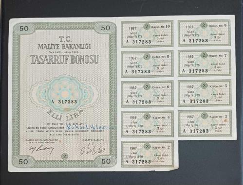 1967 Mali Yılı 50 Liralık Tasarruf Bonosu - 9 Adet Kesilmemiş Kuponuyla, Finans Tarihi Efemerası