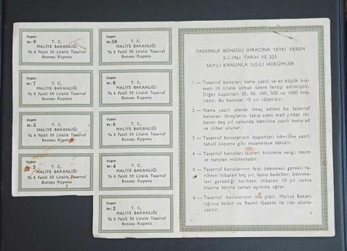 1967 Mali Yılı 50 Liralık Tasarruf Bonosu - 9 Adet Kesilmemiş Kuponuyla, Finans Tarihi Efemerası