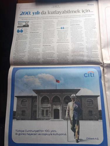 Oksijen Gazetesi - Turkish Newspaper - 27 Ekim 2 Kasım 2023 - Cumhuriyet Yüzyılın Bayramı - Atatürk'ün fotoğrafı - 200. yılı da kutlayabilmek için yazan Mehmet Y. Yılmaz - bizim bir rüyamız vardı yazan Ece Temelkuran - Cumhuriyeti yeniden düşünmek yazan Bekir Ağırdır - kutlamak veya kutlamamak yazan Cem Say - İkinci Yüzyıla yönelik hayaller yazan M. Serdar Kuzuloğlu - Trendyol Cumhuriyet 100 yaşında Atatürk fotoğraflı tam sayfa - Atatürk'ün şapka vizyonu - Cumhuriyetin ikinci yüzyılına lider Türkler yetiştirmeliyiz Ayşegül Dicle Aydın - Migros cumhuriyet tam 100 yıldır bize çok iyi geliyor - Zorlu Holding katkılarıyla 1923 müzikal Yaşasın Cumhuriyet - Cumhuriyetin 100. Yılını kim nerede kutluyor - Cumhuriyet devrimlerine destek bir asırdır sürüyor - Hi Doctor Cumhuriyetin 100. Yılı kutlu olsun - Yaşasın Türkiye Cumhuriyeti yazan İzzettin Çalışlar - sahadaki ilk ay yıldızı formalar Fotoğrafı - 30 Ekim günü kurulan ilk t.c hükümeti üyeleri Fotoğrafı - 29 Ekim 1923