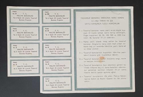 1967 Mali Yılı 20 Liralık Tasarruf Bonosu - 9 Adet Kesilmemiş Kuponuyla, Finans Tarihi Efemerası