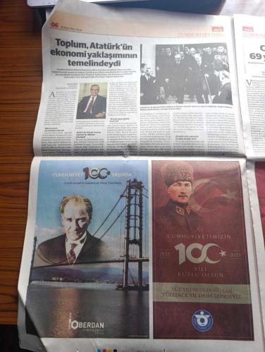 Dünya Cumhuriyet Özel Gazetesi - Turkish Newspaper - 29 Ekim 2023 - tam bağımsızlığın teminatı Cumhuriyet 100 yaşında - Atatürk'ün fotoğrafı - Konya kağıt Cumhuriyetimizin 100. Yılı kutlu olsun - Lozan antlaşması 24 Temmuz 1923'te imzalanırken Fotoğrafı - Arbella Cumhuriyet bayramı kutlu olsun - İzmir Büyükşehir Belediye Başkanı Tunç Soyer Cumhuriyetimizin 100. Yılı kutlu olsun - toplum Atatürk'ün ekonomi yaklaşımının temelindeydi - Atatürk 16 Haziran 1928 tarihinde İş Bankası İstanbul şubesini ziyaret ettiği bina Fotoğrafı - Tarsus Belediye Başkanı Haluk Bozdoğan cumhuriyetin ikinci 100 yılına selam olsun - DenizBank Genel Müdürü Hakan Ateş Cumhuriyeti bir yaşam biçimi olarak görüyoruz - Doğan Holding yönetim kurulu başkanı Begüm Doğan Faralyalı Atatürk'ün hayalini gerçekleştirmek çalışacağız - Yılmaz Büyükerşen Cumhuriyet insanları birarada tutan Temel harçtır - ATO başkanı Gürsel Baran yeniden dirilişin sembolü Cumhuriyet'e selam olsun - DEİK Cumhuriyet Bayramı - 29 Ekim 1923