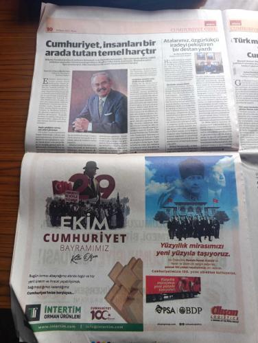 Dünya Cumhuriyet Özel Gazetesi - Turkish Newspaper - 29 Ekim 2023 - tam bağımsızlığın teminatı Cumhuriyet 100 yaşında - Atatürk'ün fotoğrafı - Konya kağıt Cumhuriyetimizin 100. Yılı kutlu olsun - Lozan antlaşması 24 Temmuz 1923'te imzalanırken Fotoğrafı - Arbella Cumhuriyet bayramı kutlu olsun - İzmir Büyükşehir Belediye Başkanı Tunç Soyer Cumhuriyetimizin 100. Yılı kutlu olsun - toplum Atatürk'ün ekonomi yaklaşımının temelindeydi - Atatürk 16 Haziran 1928 tarihinde İş Bankası İstanbul şubesini ziyaret ettiği bina Fotoğrafı - Tarsus Belediye Başkanı Haluk Bozdoğan cumhuriyetin ikinci 100 yılına selam olsun - DenizBank Genel Müdürü Hakan Ateş Cumhuriyeti bir yaşam biçimi olarak görüyoruz - Doğan Holding yönetim kurulu başkanı Begüm Doğan Faralyalı Atatürk'ün hayalini gerçekleştirmek çalışacağız - Yılmaz Büyükerşen Cumhuriyet insanları birarada tutan Temel harçtır - ATO başkanı Gürsel Baran yeniden dirilişin sembolü Cumhuriyet'e selam olsun - DEİK Cumhuriyet Bayramı - 29 Ekim 1923