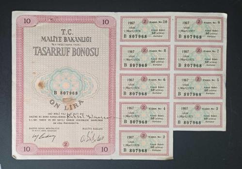 1967 Mali Yılı 10 Liralık Tasarruf Bonosu - 9 Adet Kesilmemiş Kuponuyla, Finans Tarihi Efemerası