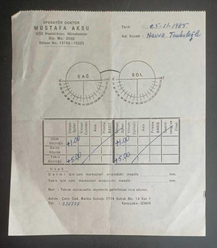 1985 İzmir Karşıyaka Göz Hekimi Dr. Mustafa Aksu Reçete ve Gözlük Kartı Lotu ( Tıp Tarihi, Efemera )